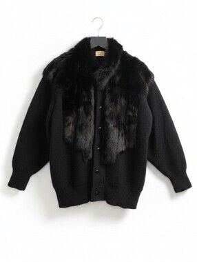 Vintage Black Fur Front Button-Up Cardigan Sweater